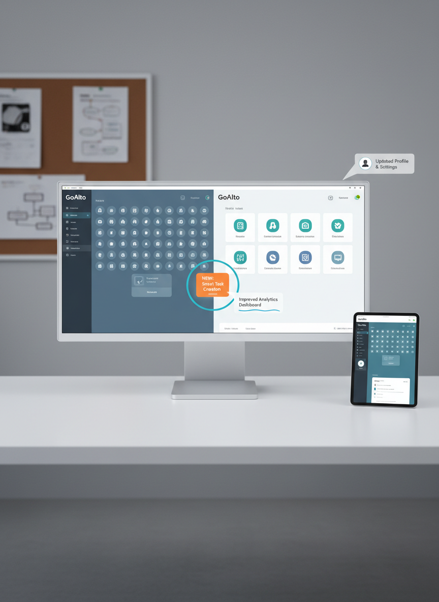 A large external monitor on a minimalist white desk showing a side-by-side comparison of two GoAlto product versions, with clearly differentiated UI layouts, updated icons, and highlighted new features in accent colors. Next to the monitor, a tablet displays a complementary mobile view of the same product. A neutral-toned wall with a subtle pinboard of blurred interface printouts fills the background. Cool, even studio lighting ensures every pixel on the screens is crisp, with soft shadows beneath the devices. Photographic realism from an eye-level perspective, balanced composition and ample negative space, conveying clarity and evolution in product updates.